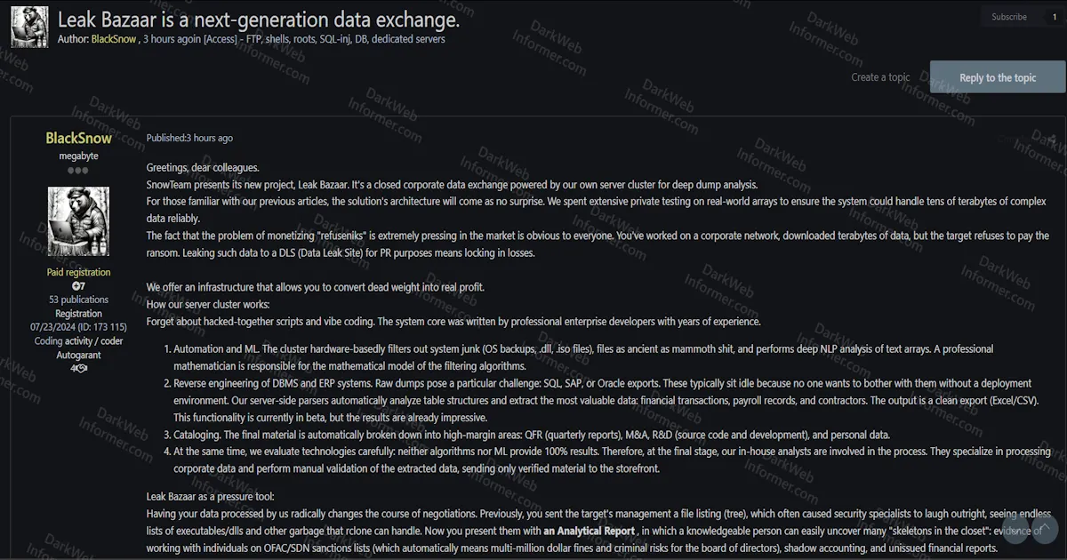 SnowTeam Launches Leak Bazaar, a Corporate Data Exchange With ML-Powered Dump Analysis, DBMS Reverse Engineering, and Ransomware Negotiation Support