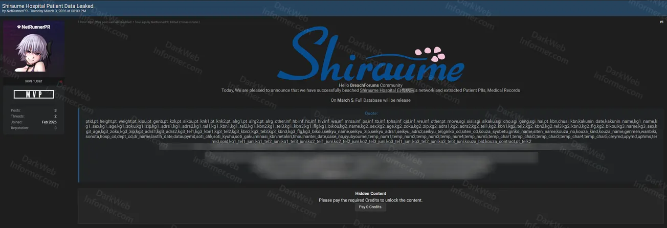 Shiraume Hospital Patient Data Allegedly Leaked With Full Medical Records and PII