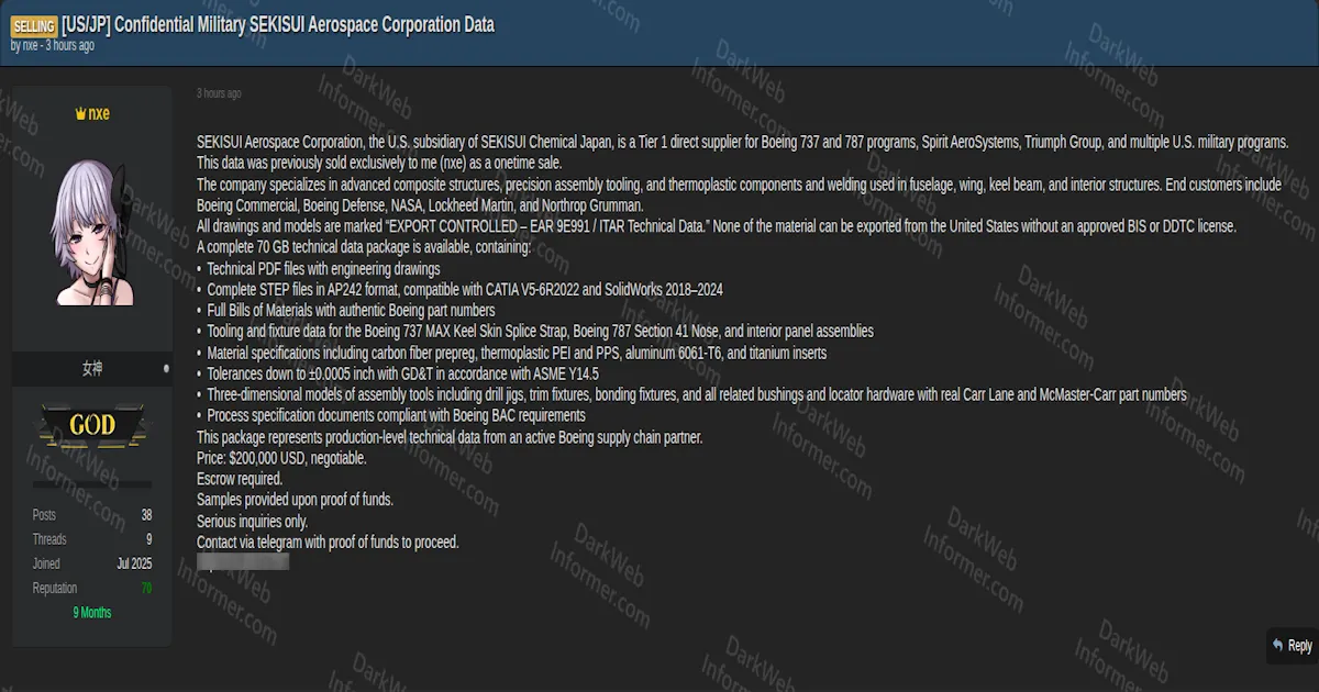 Threat Actor Selling 70GB of ITAR-Controlled SEKISUI Aerospace Technical Data Including Boeing 737/787 Tooling, STEP Files, and Military Program Schematics for $200,000