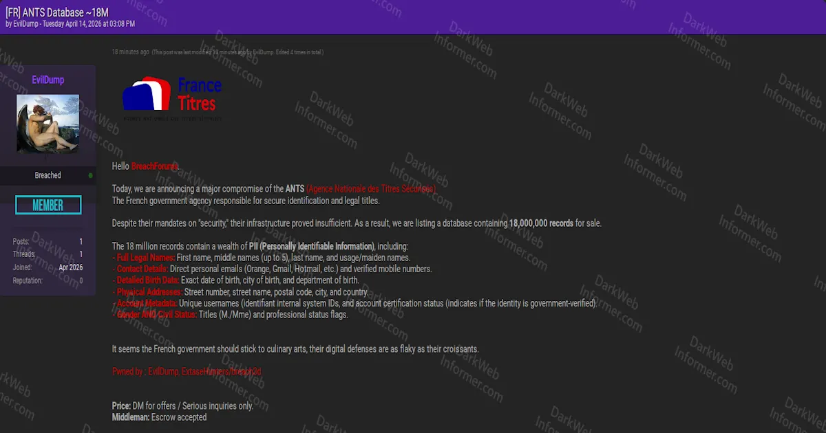 France's National ID Agency ANTS Allegedly Breached, 18 Million Citizen Records With Government-Verified Identities Listed for Sale