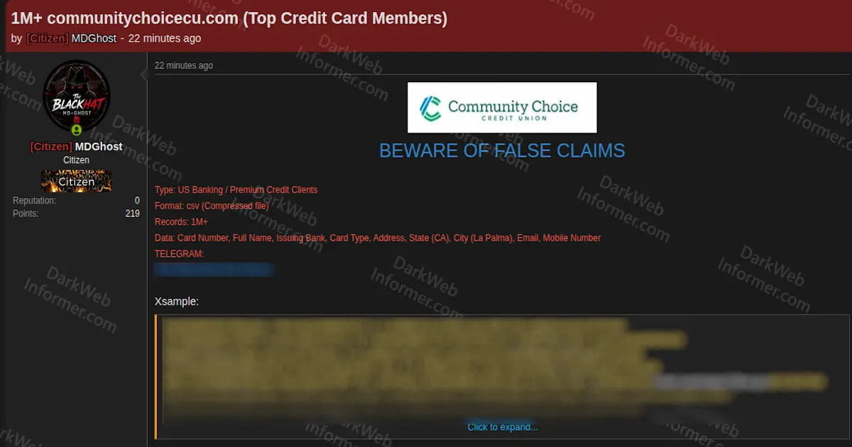 Community Choice Credit Union Allegedly Breached Exposing 1M+ Premium Credit Client Records