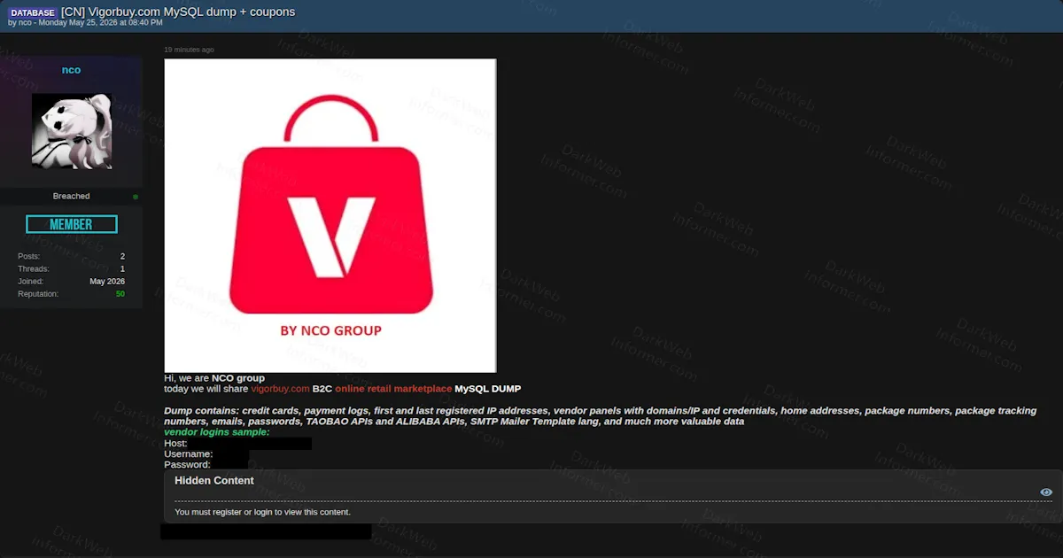 Chinese Marketplace Vigorbuy.com Hit by Alleged MySQL Dump With Payment & Credential Data