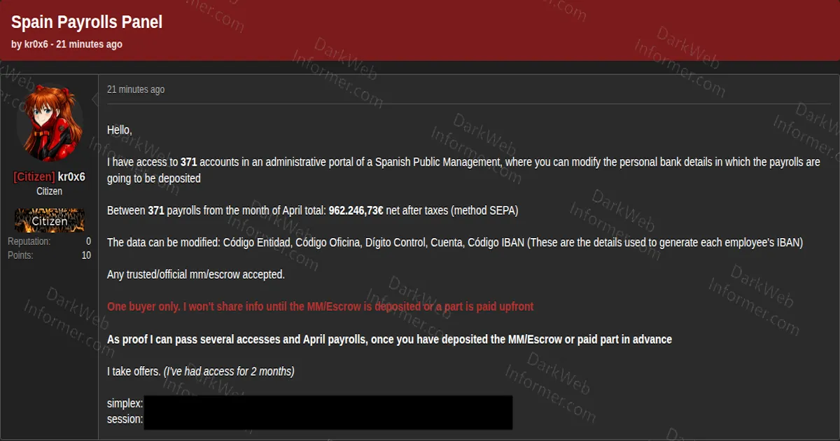 Alleged Live Access to a Spanish Public-Sector Payroll Portal Offered for Sale