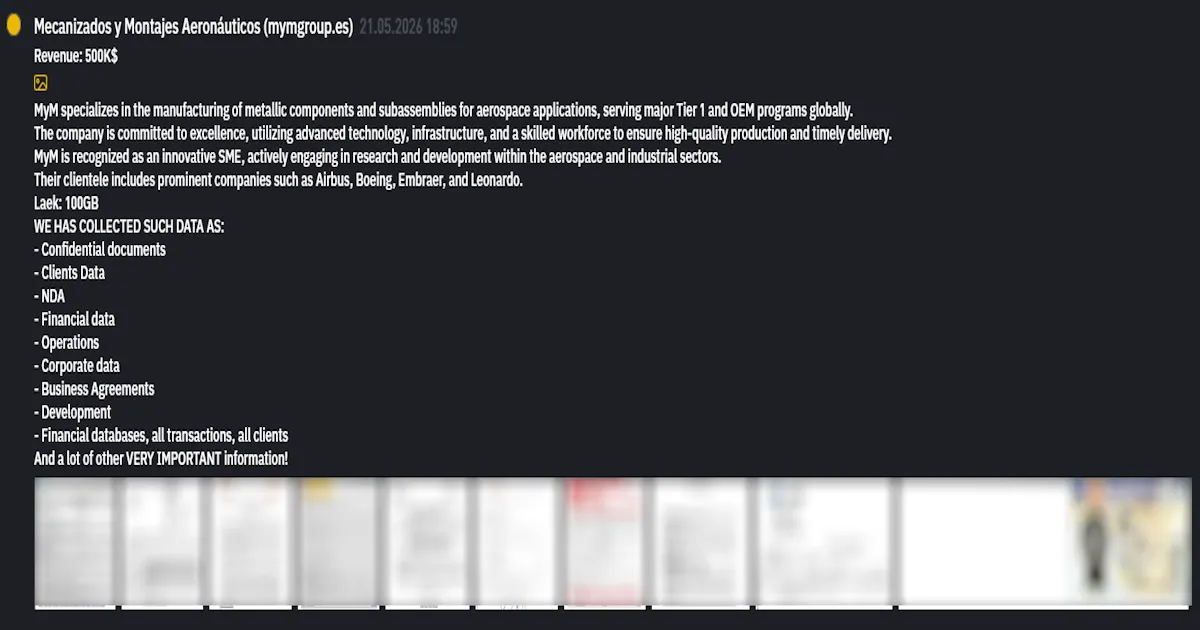 Spanish Aerospace Manufacturer MyM Listed in Alleged Ransomware Data Theft Post