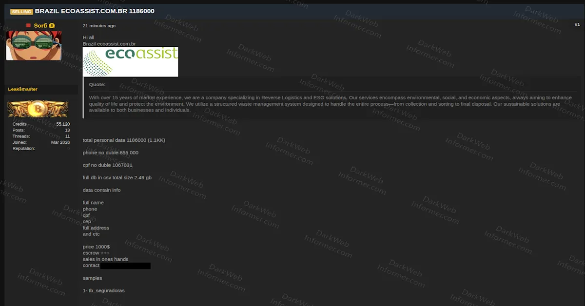 Brazilian Logistics Firm EcoAssist Listed in Alleged 1.19M-Record Personal Data Sale