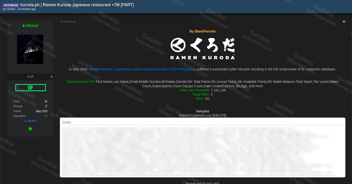 Philippine Ramen Chain Ramen Kuroda Hit by Alleged 7M-Record Customer Database Leak