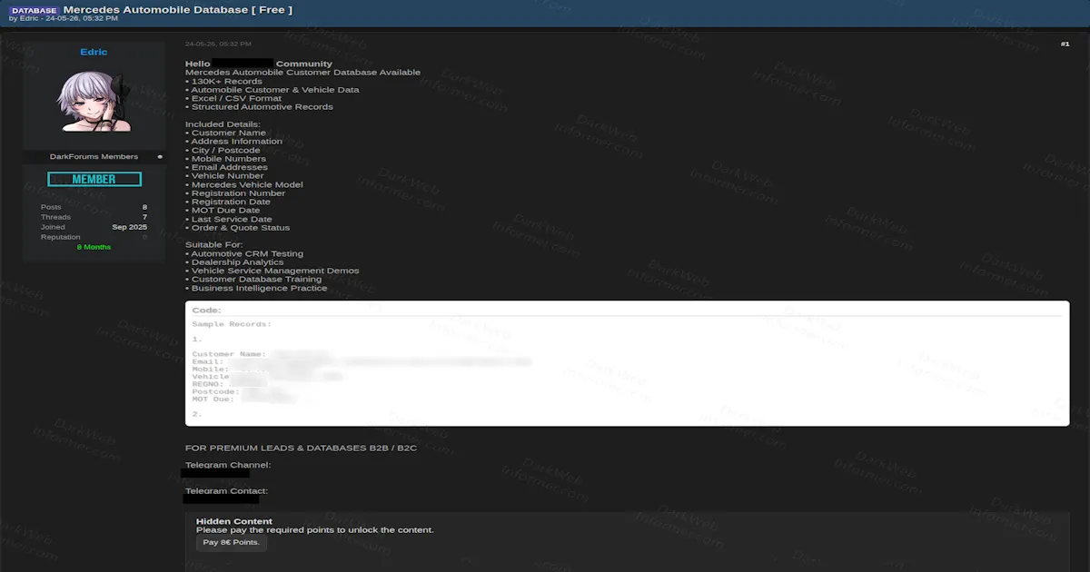 Alleged 130K-Record Mercedes Automobile Customer Database Advertised on Forum