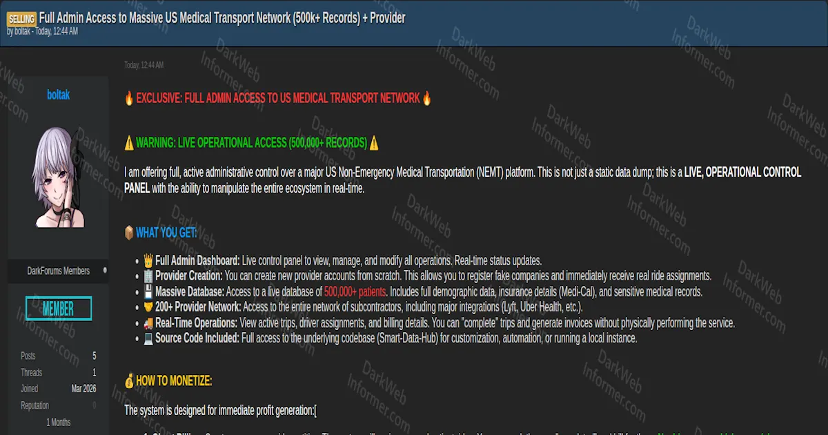 US Non-Emergency Medical Transport Network Allegedly Breached Exposing 500K+ Patient Records and Live Admin Access