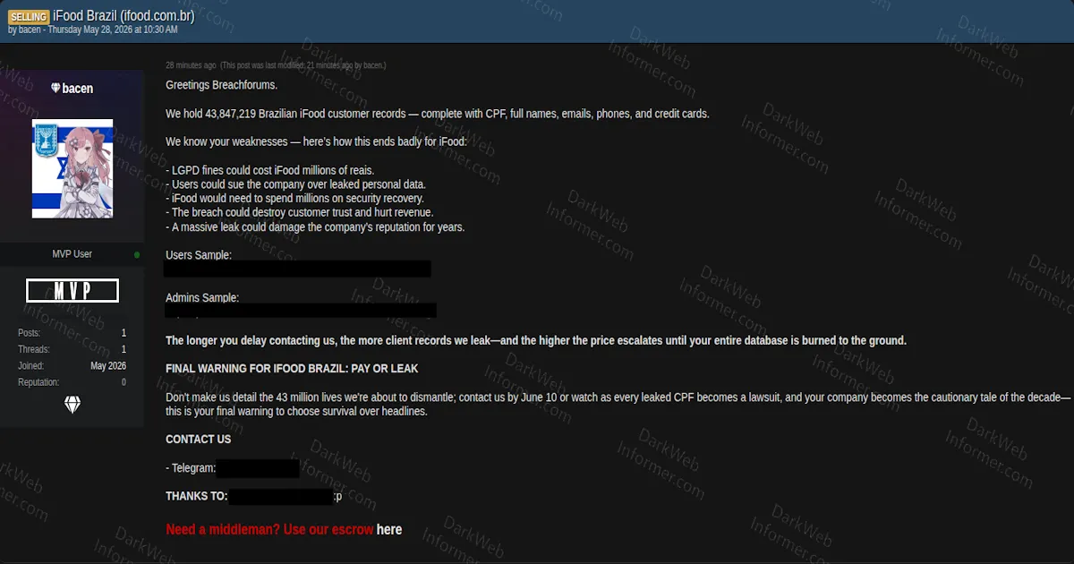 Brazilian Food-Delivery Giant iFood Targeted in Alleged 43.8M-Record Customer Data Extortion
