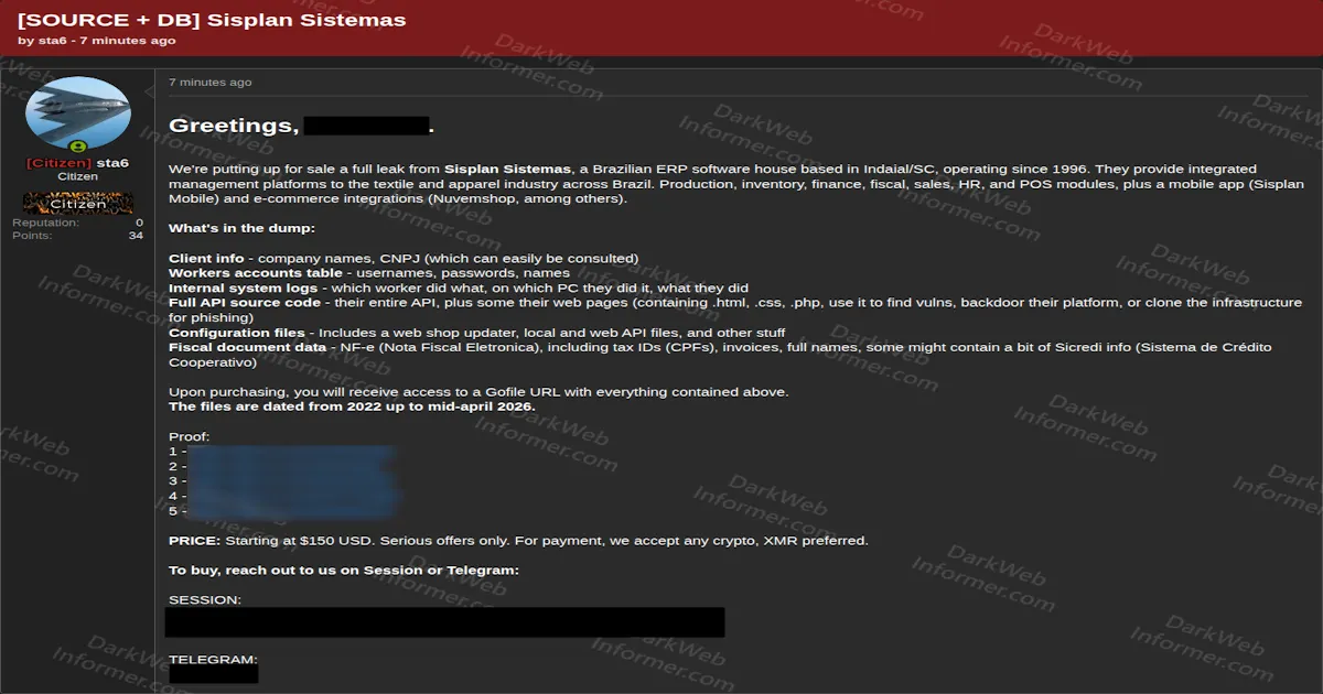 Brazilian ERP Software House Sisplan Sistemas Listed in Alleged Source Code & Database Sale