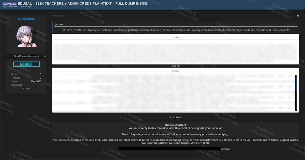 Romanian Education Platform EduSal Hit by Alleged 331K-Record Teacher & Admin Data Dump