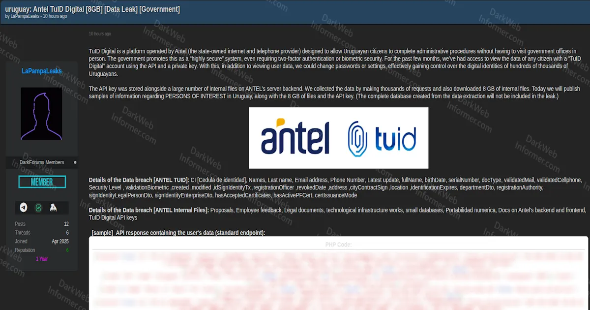 Antel TuID Digital Allegedly Breached Exposing 8GB of Data From the Uruguayan State Telecom’s E-Government Platform
