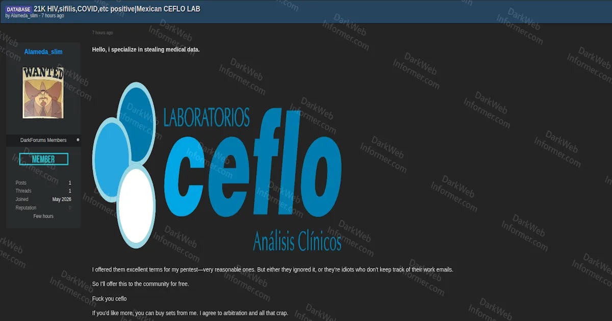 Laboratorios CEFLO Allegedly Breached Exposing 21K Positive HIV, Syphilis, and COVID Test Results From the Mexican Lab