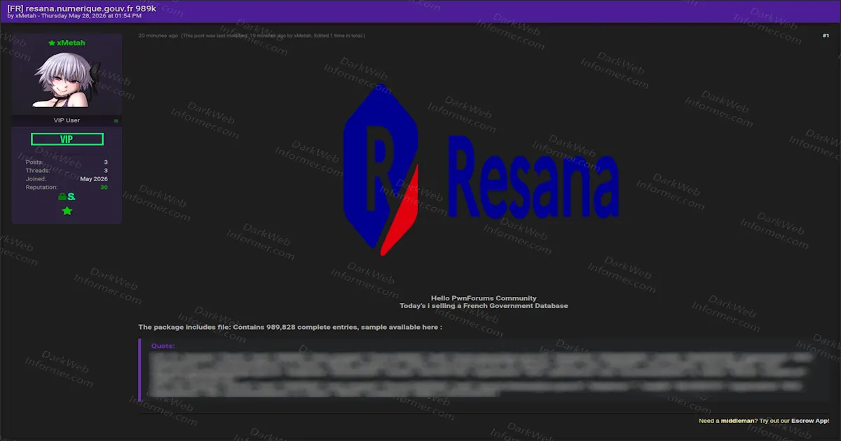 French Government Platform Resana Listed in Alleged 990K-Record User Data Sale