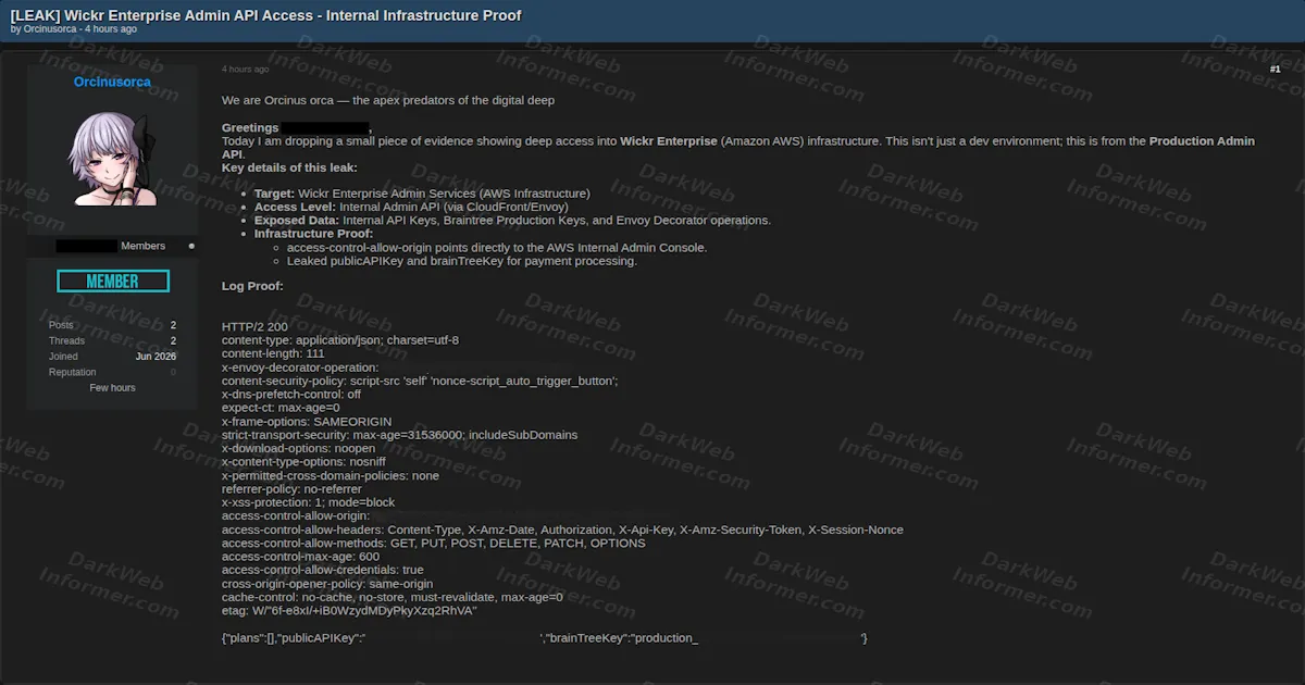 Amazon's Wickr Enterprise Admin API Access and Payment Keys Allegedly Leaked on Hacking Forum