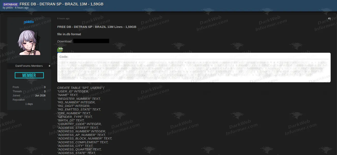 DETRAN SP Brazil data breach forum post screenshot, June 2026 (1 of 2)
