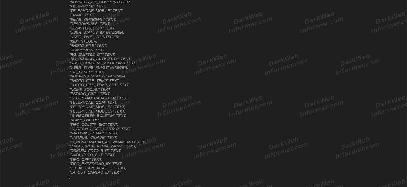 DETRAN SP Brazil data breach table schema screenshot, June 2026 (2 of 2)