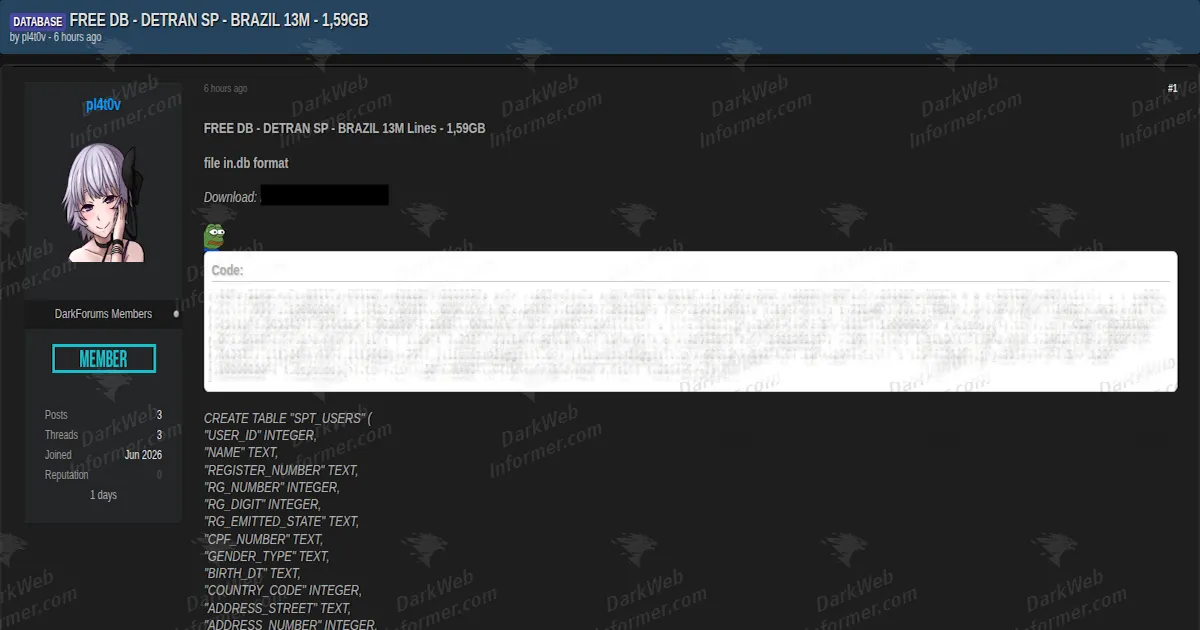 Brazilian DETRAN SP Database of 13 Million Records Allegedly Leaked for Free