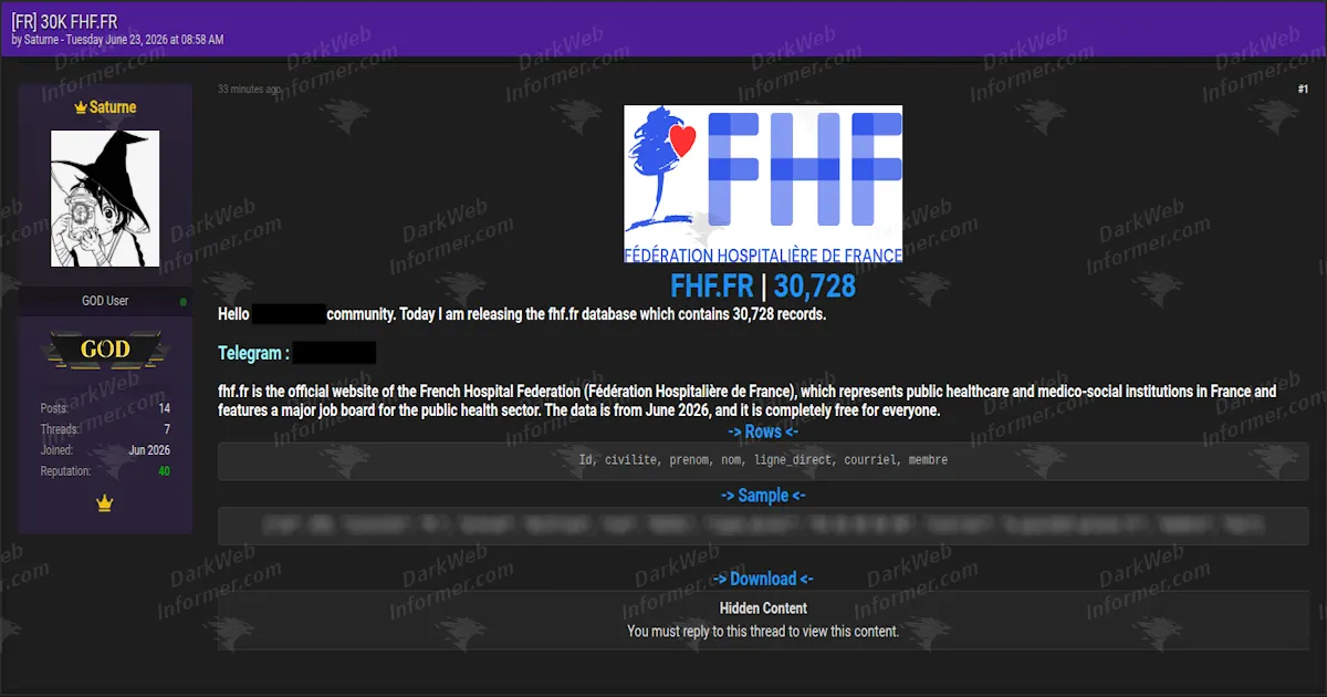Around 30,700 Records Allegedly Leaked From France's Hospital Federation FHF