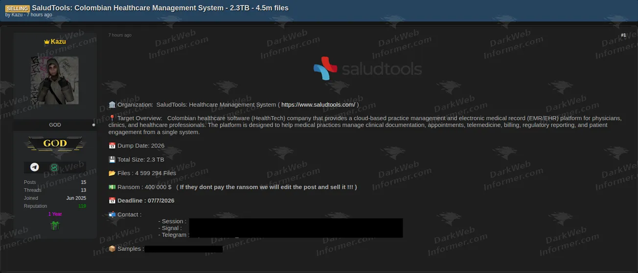 SaludTools Colombia alleged breach Screenshot 1