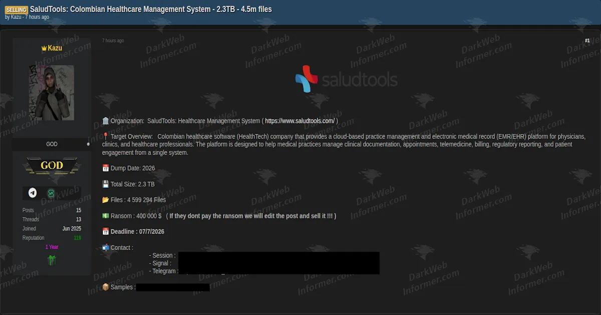 Colombian Healthcare Platform SaludTools Allegedly Breached, 2.3 TB of Records Held to Ransom