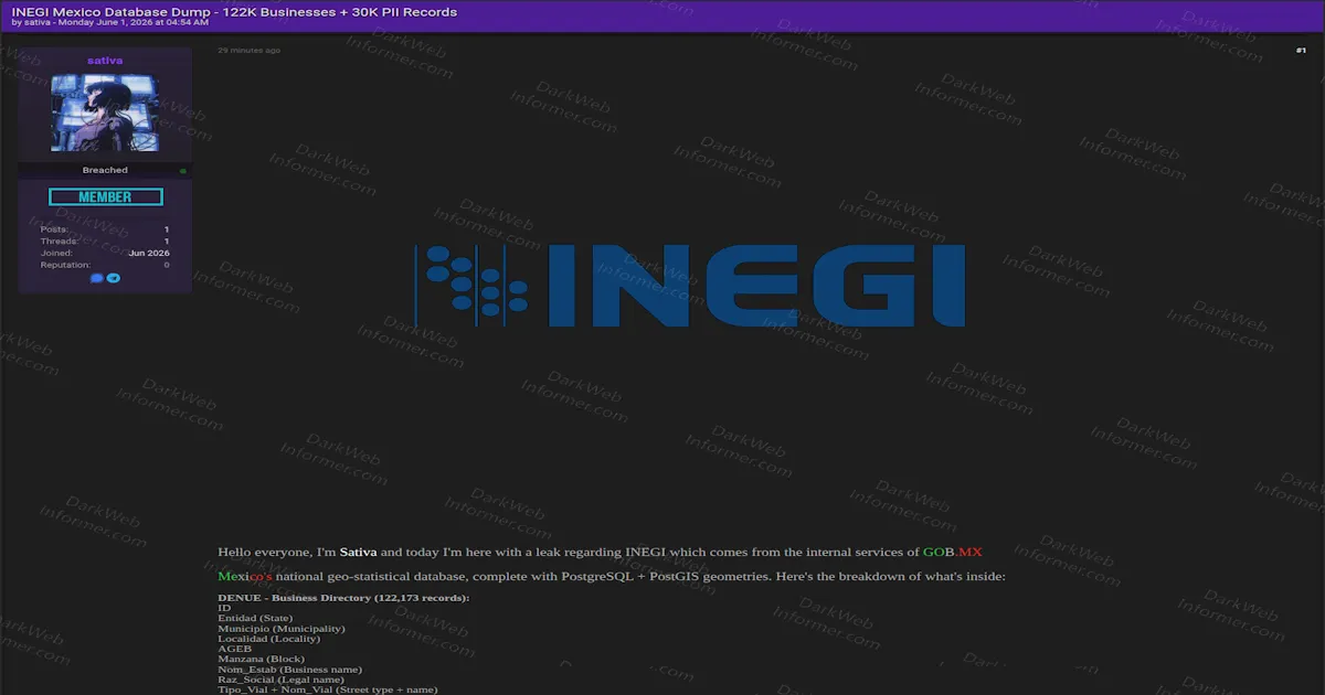 Threat Actor Claims to Leak an INEGI Mexico Database Dump, 122K Businesses + 30K PII Records