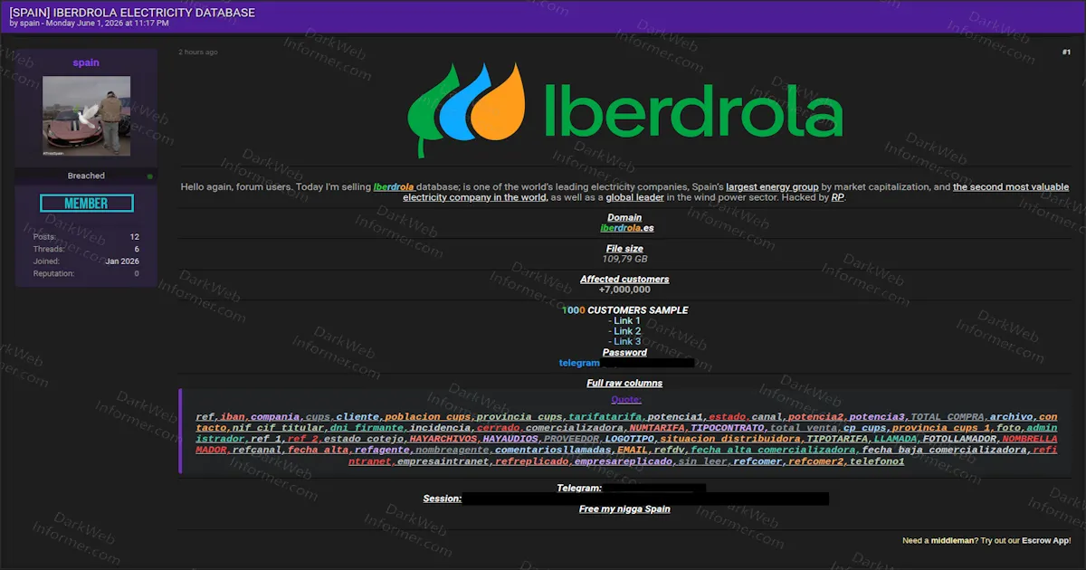 Threat Actor Claims to Sell a 110 GB Iberdrola Customer Database Affecting 7 Million Customers
