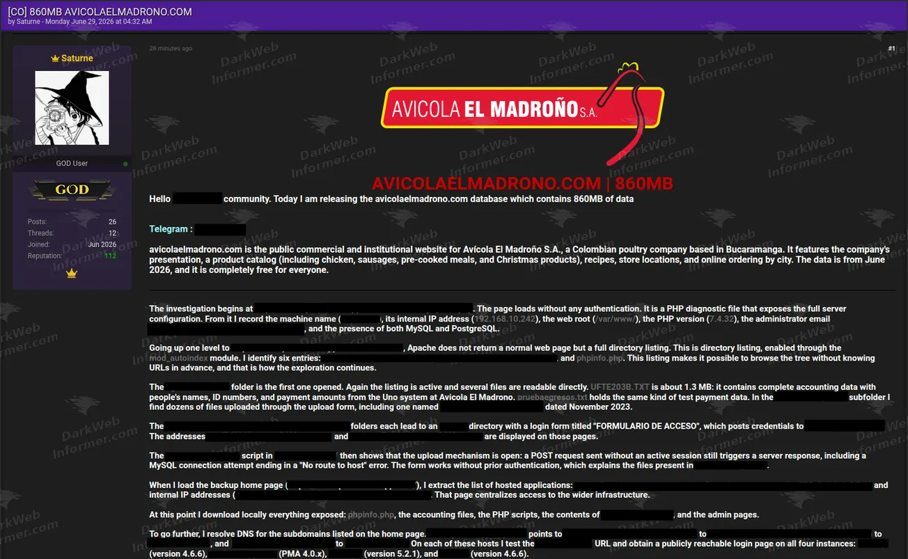 Avicola El Madrono data breach forum post screenshot, June 2026 (1 of 2)