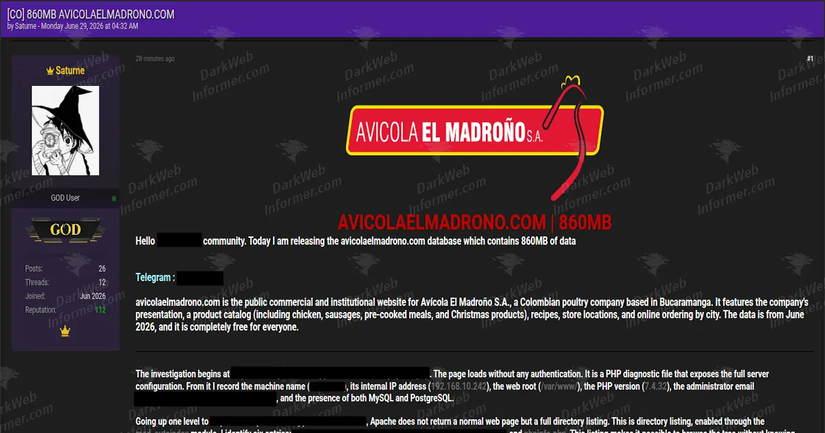 Colombian Poultry Company Avícola El Madroño Allegedly Breached, 860MB of Data Leaked