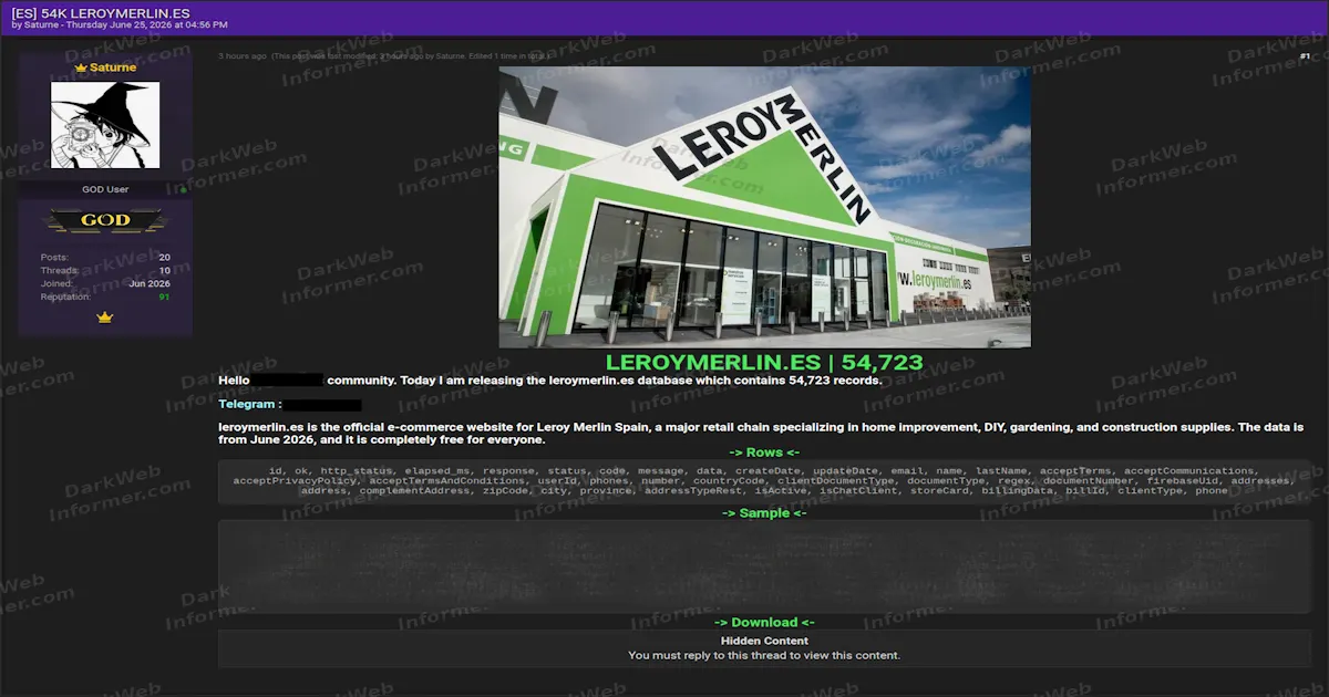 Leroy Merlin Spain Customer Database of Nearly 55,000 Records Allegedly Leaked