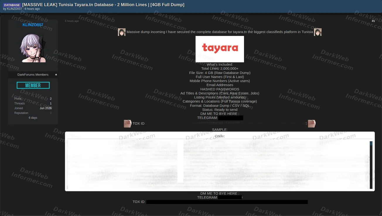 Tayara Data Breach: Hacker Claims 2M+ Tunisian User Records for Sale