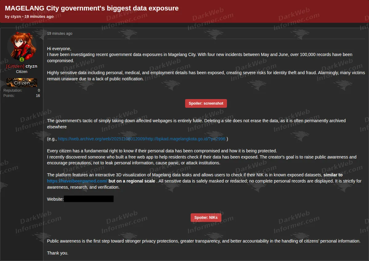 Magelang City Indonesia alleged data exposure Screenshot 1