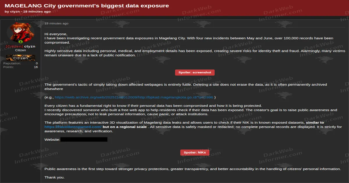 Over 100,000 Records Allegedly Exposed in Multiple Magelang City Government Leaks