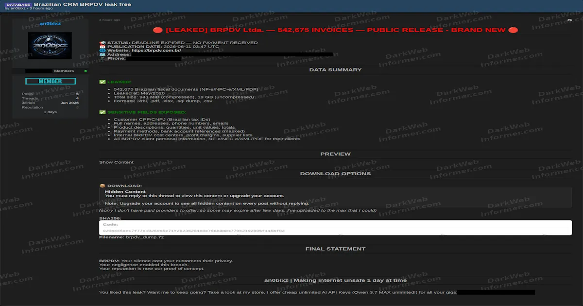BRPDV Data Breach: 542K Brazilian Invoices and Customer Records Leaked