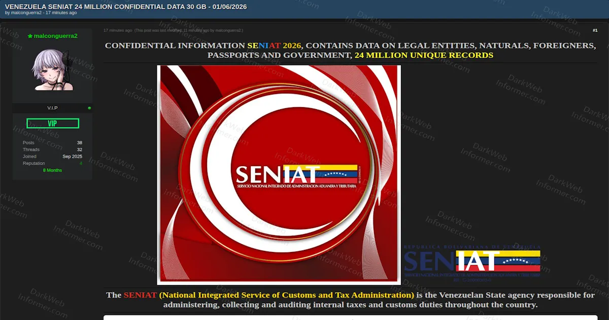 Threat Actor Claims to Sell 24 Million Confidential SENIAT Venezuela Tax Records, 30 GB