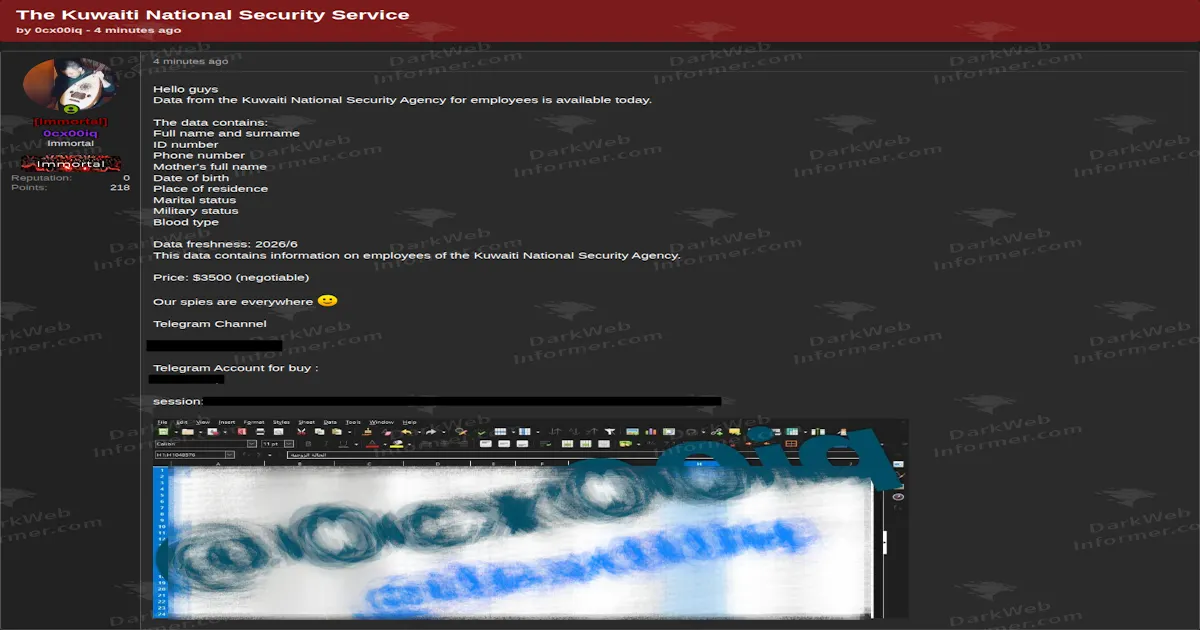 Personal Data of Alleged Kuwaiti National Security Agency Employees Listed For Sale