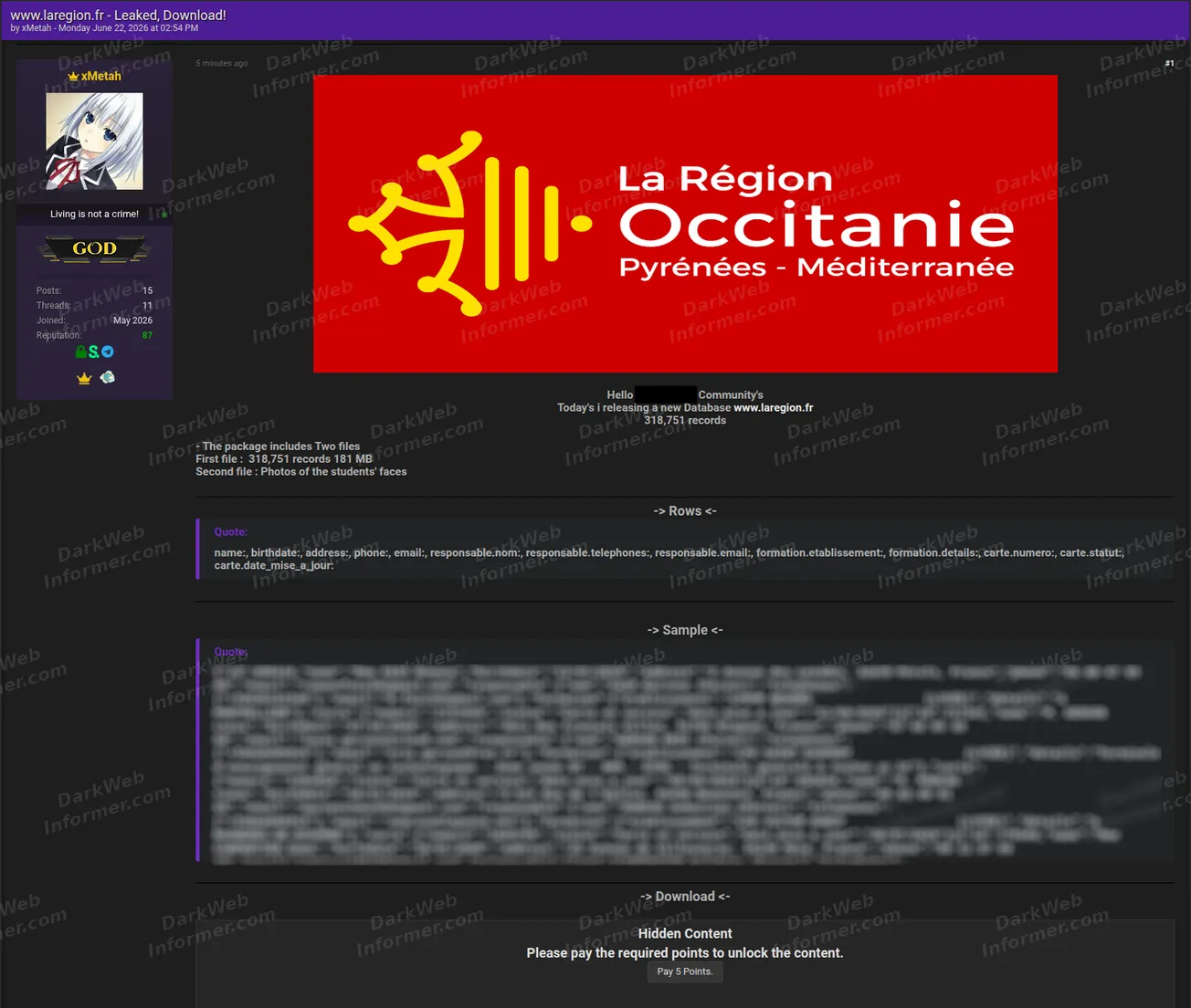 Region Occitanie France alleged student data leak Screenshot 1