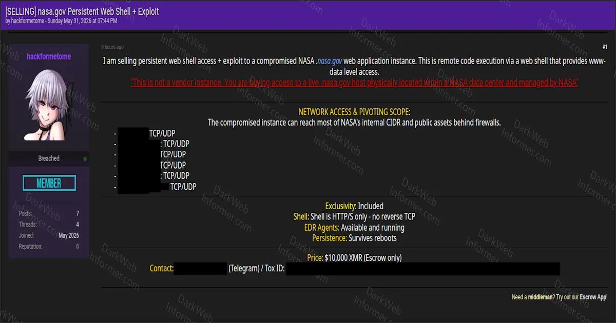 Threat Actor Claims to Sell Live Web-Shell Access to a NASA Web Application