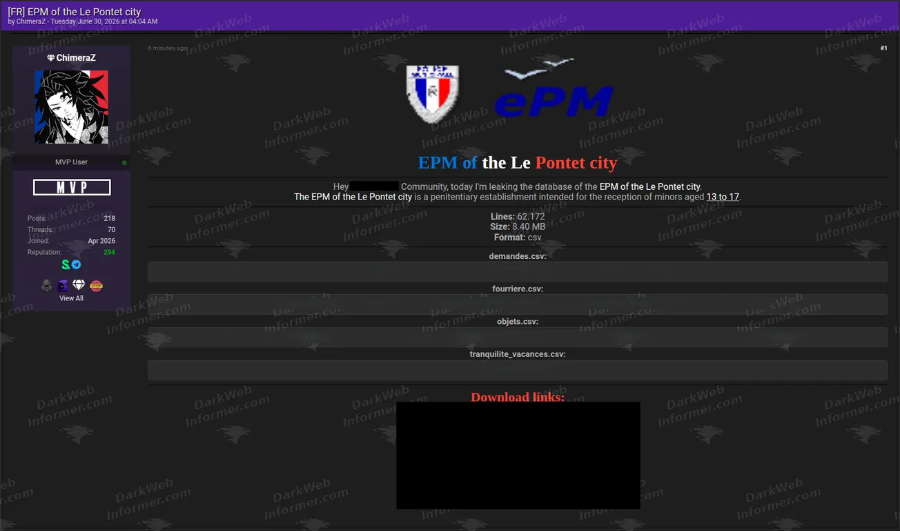 Le Pontet France municipal data leak forum post screenshot, June 2026
