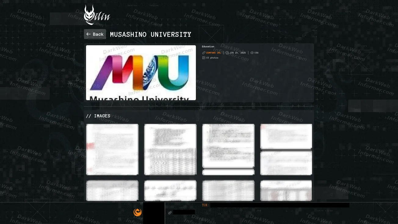 Qilin ransomware leak-site listing for Musashino University, redacted