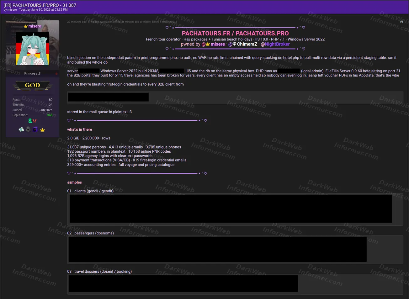 Pachatours data breach forum post screenshot, June 2026 (1 of 2)