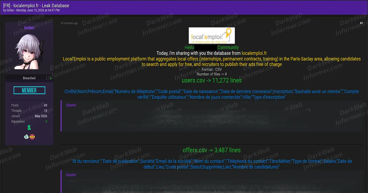 Nearly 27,000 Records Allegedly Leaked From French Job Platform Local'Emploi