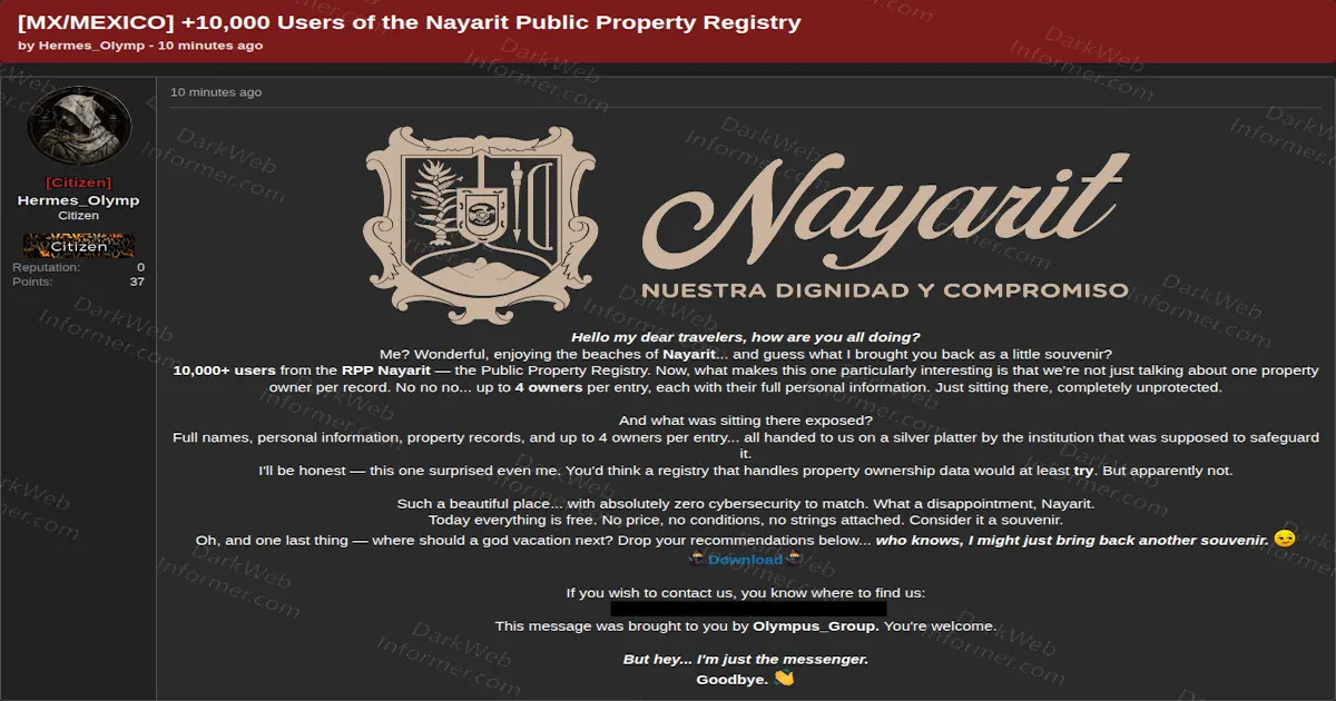 Threat Actor Claims to Leak 10,000+ Records From the Nayarit Public Property Registry
