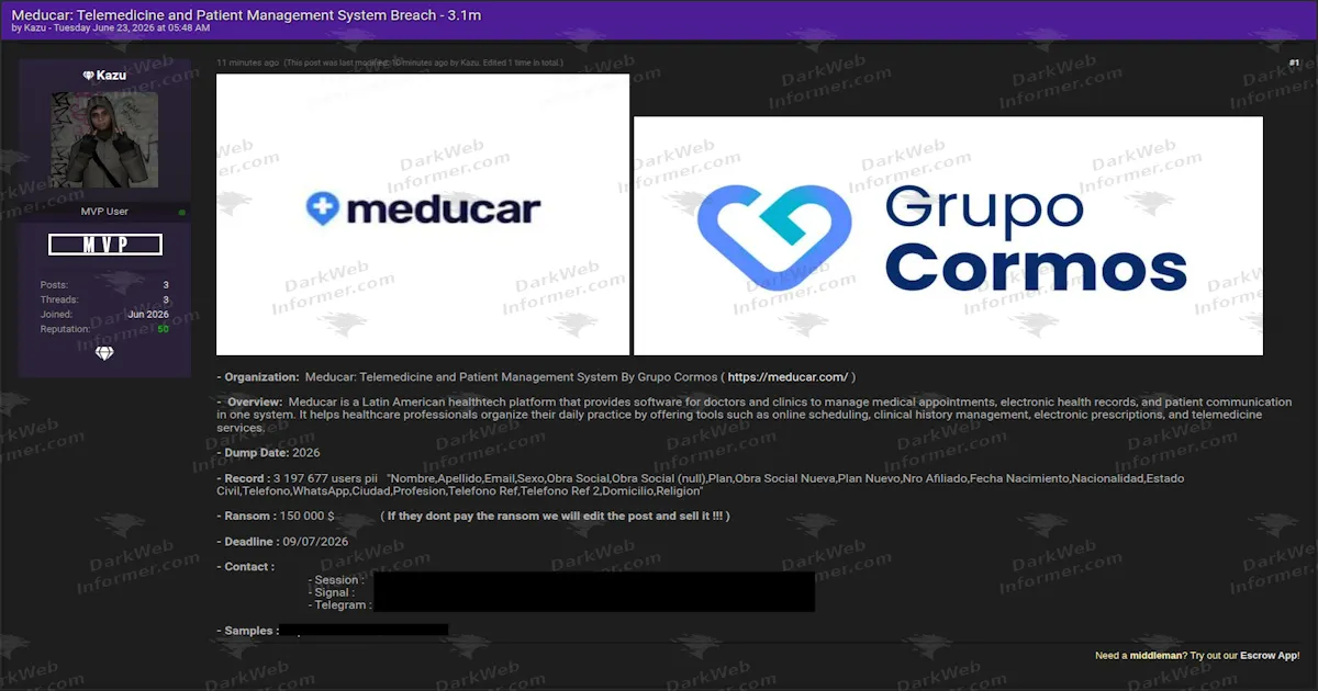 Argentine Telemedicine Platform Meducar Allegedly Breached, 3.1 Million Patient Records Held to Ransom