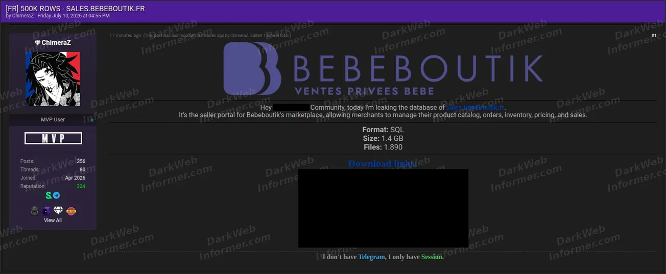 Bebeboutik seller portal French marketplace data breach forum post screenshot, July 2026
