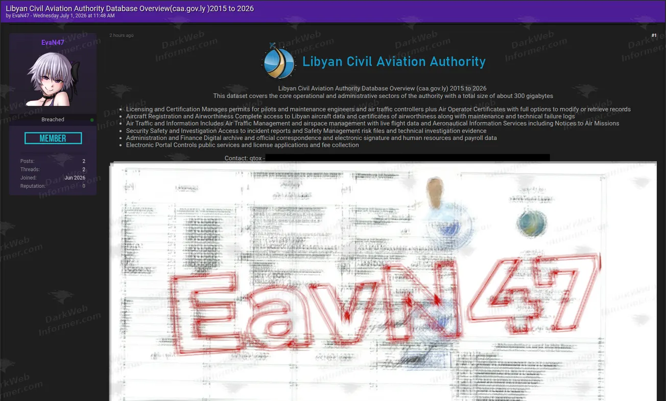 Libyan Civil Aviation Authority data breach forum post screenshot, July 2026 (1 of 3)