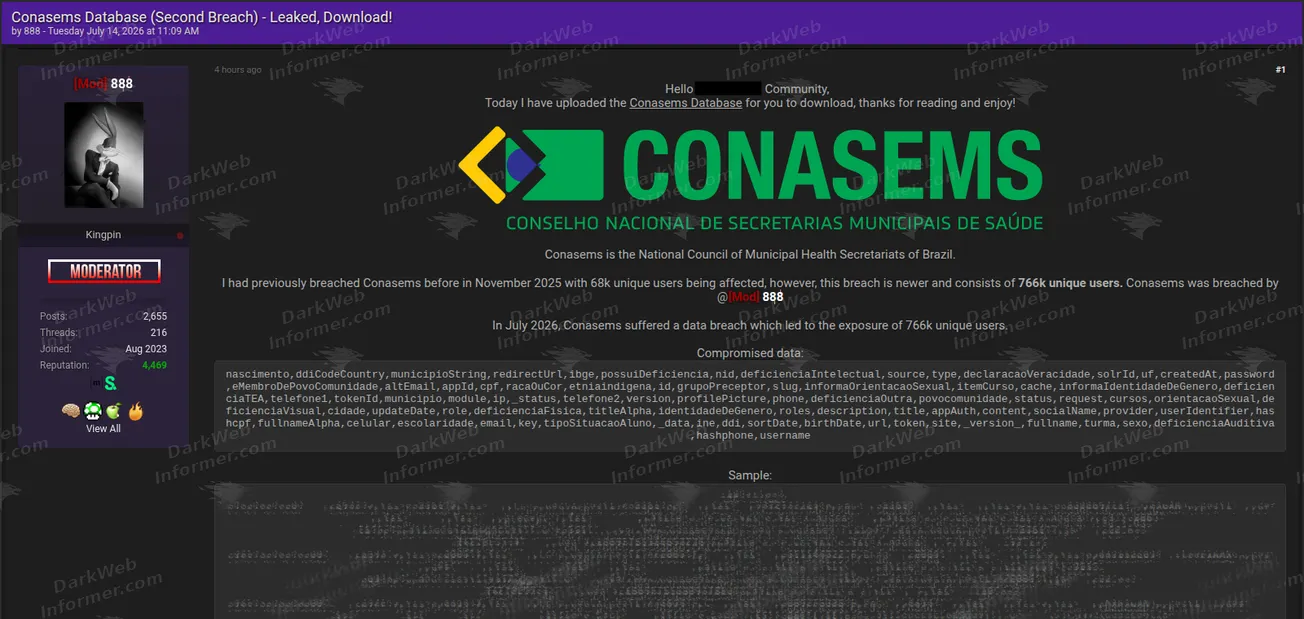 Conasems Brazil health council data breach forum post screenshot, July 2026 (1 of 2)
