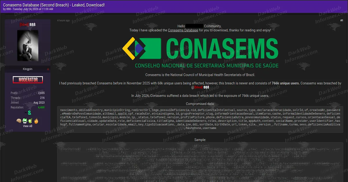 Brazilian Health Council Conasems Allegedly Breached Again, 766,000 Users' Sensitive Data Leaked