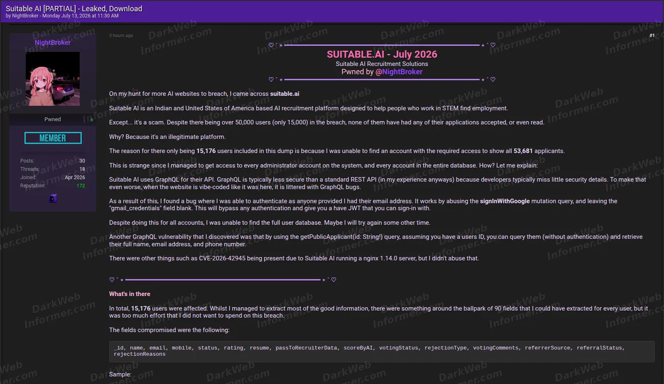 Suitable AI recruitment platform data breach forum post screenshot, July 2026 (1 of 2)