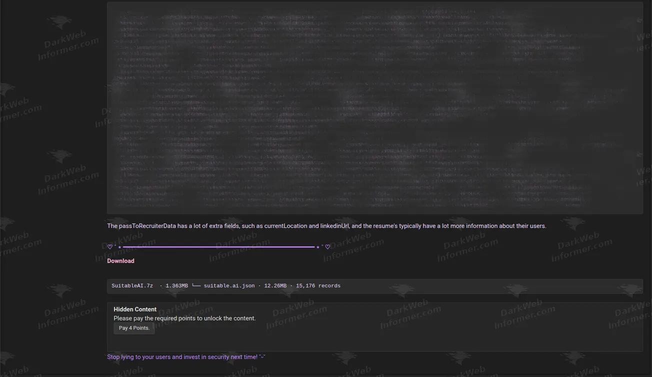 Suitable AI recruitment platform data breach forum post screenshot, July 2026 (2 of 2)